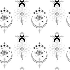 Vector illustration set of moon phases. Different stages of moonlight activity in vintage engraving style. Zodiac Signs