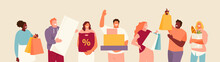 People Group With Their Purchases. Sale And Discounts Vector Illustration