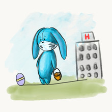 A Sad Easter Bunny In A Medical Mask Looks At A Decorated Egg Against The Background Of A Hospital, Afraid Of The Flu And The Virus