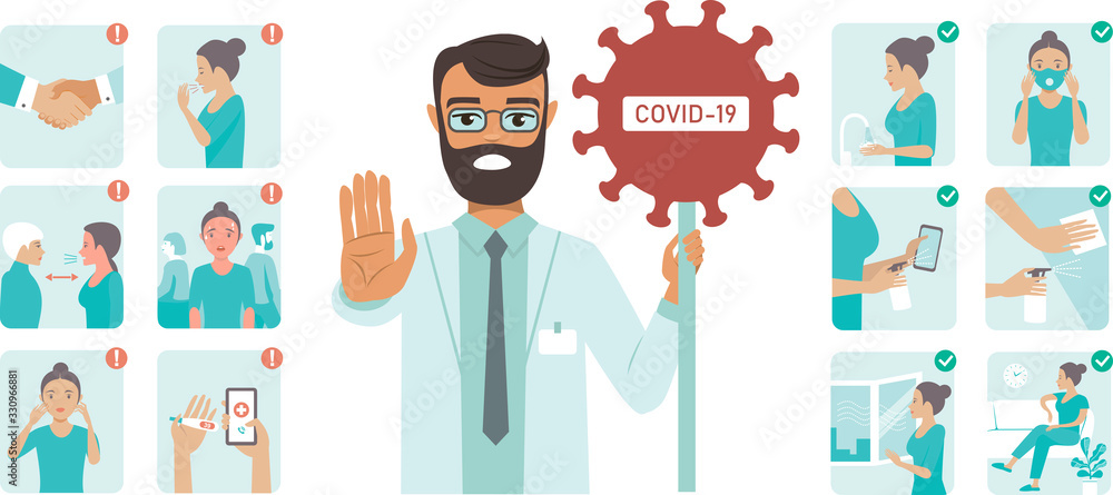 Coronavirus covid-19 protection tips. Doctor character holding STOP sign - obrazy, fototapety, plakaty 