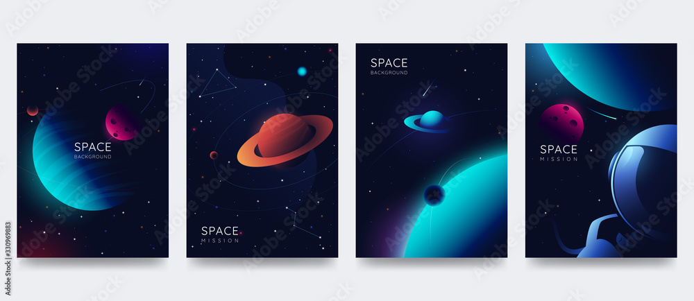Space poster set. Outer space background with place for text. Cosmos scenes with planets, stars, comets. Vector illustration of galaxy. Greeting card collection in sci-fi style. - obrazy, fototapety, plakaty 