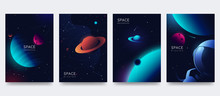 Space Poster Set. Outer Space Background With Place For Text. Cosmos Scenes With Planets, Stars, Comets. Vector Illustration Of Galaxy. Greeting Card Collection In Sci-fi Style.