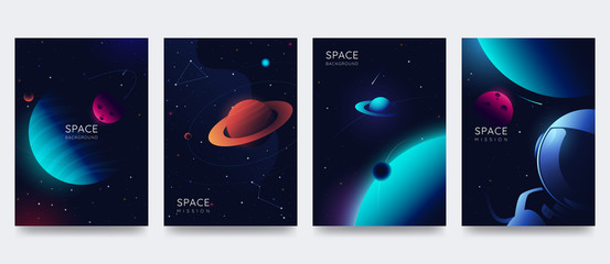 space poster set. outer space background with place for text. cosmos scenes with planets, stars, com
