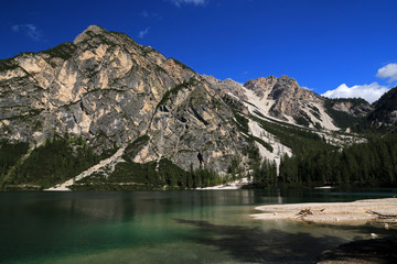  Lake Braies, mountain lake in Prags Dolomites in South Tyrol, Italy