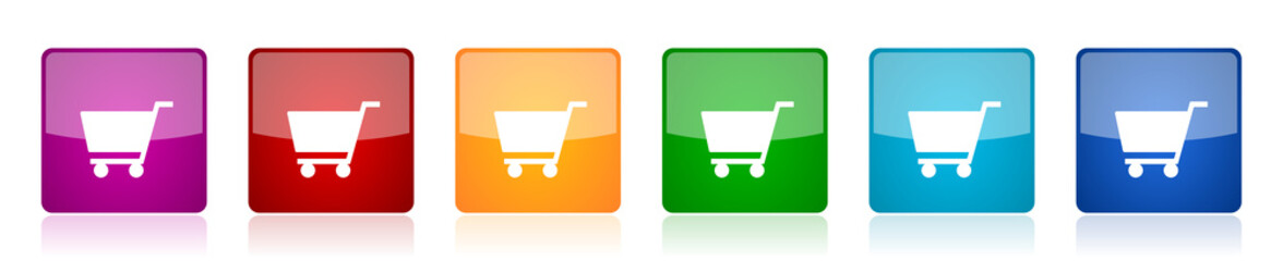 Leinwandbilder - Cart icon set, colorful square glossy vector illustrations in 6 options for web design and mobile applications