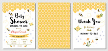 Bee Baby Shower Invitation Templates Set Mommy To Bee, Sweet, Honey, Thank You Card, Yellow Pattern Banner. Vector