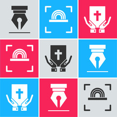 Sticker - Set Fountain pen nib, Fingerprint and Oath on the Holy Bible icon. Vector