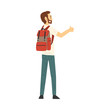 © topvectors - Young Man with Hiking Backpack Standing on the Road Hitchhiking Vector Illustration