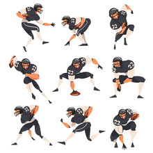 Collection Of American Football Players, Male Athlete Characters In Black Sports Uniform And Protective Helmet In Action Vector Illustration