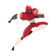 Poster - American Football Player in Action, Male Athlete Character in Red Sports Uniform Running Vector Illustration