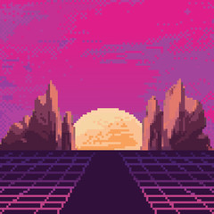 Wall Mural - Vector pixel art of 80s Retro sci-Fi background. Synthwave, Vaporwave, Retrowave. Pixel art background with mountains. 8bit