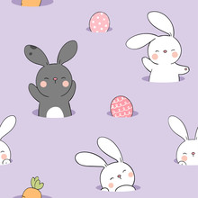 Draw Seamless Pattern Rabbit With Egg On Purple Pastel.