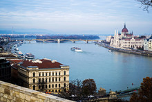 Aerial View Over The Danube River. View Over The Danube, The Parliament, Bridge And The Margaret Island.