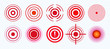 Set of red medical pain circles on transparent background. Localization and spread of pain. Symbol of body damage, target for painkillers.  Target for attack or mark of highlight. 