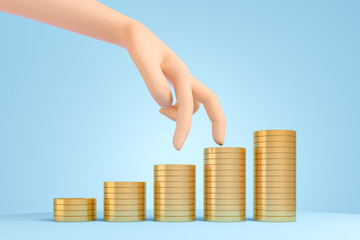 Cartoon fingers walking up on gold coin stack over blue background. Investment and economy growth concept.