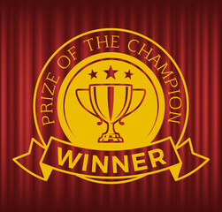 Wall Mural - prize for champion vector, winner award in gold color flat style. badge isolated on red curtain back