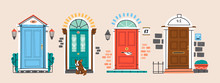 Set Of Four Retro Vintage Front Doors. Brick Wall. Lamp On A Wall. Windows. Sitting Bulldog. House Exterior. Home Entrance. Hand Drawn Colored Vector Illustration. Isolated On A Beige Background