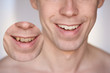 © elenavolf - Men smile. Male smiling person. Whitening oral care concept. Teeth before and after. Laughing mounth. Yellow to white color