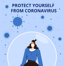 Coronavirus Protection Poster 2019-nCoV. A Young Girl In A Medical Mask Stands Inside A Protective Bubble And Protects Himself From A New Virus. Concept Of The Fight Against COVID-2019