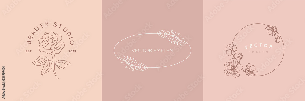 Vector logo design template and monogram concept in trendy linear style - floral frame with copy space for text or letter - emblem for fashion, beauty and jewellery industry - obrazy, fototapety, plakaty 