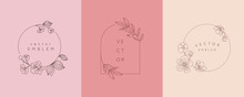 Vector Logo Design Template And Monogram Concept In Trendy Linear Style - Floral Frame With Copy Space For Text Or Letter - Emblem For Fashion, Beauty And Jewellery Industry