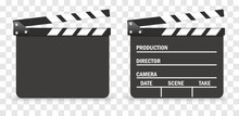 Film Clap Icon Closed And Open. Realistic Vector Illustration. Film. Cinematic Device. Vector Graphics On A Transparent Background With Shadows. Movie Clapper Design Template.