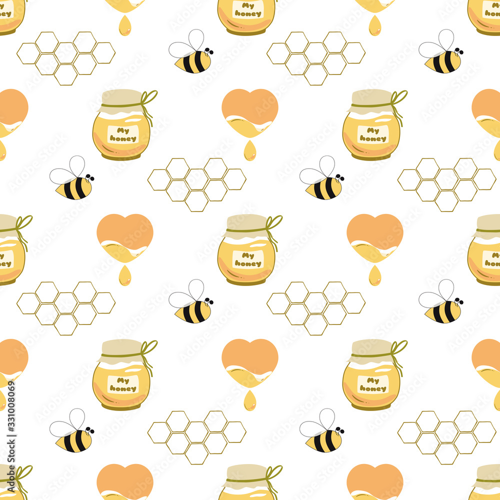 Simple Honey Pattern Sweet honey seamless pattern Honey jar heart, bee, honeycomb background ...