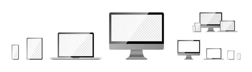 Devices screen mockup collection. Computer screen, laptop, tablet and mobile phone, isolated on white background. Devices with blank screen in realistic design. Vector illustration