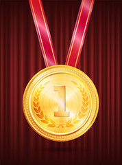 Wall Mural - medal of first place, round golden trophy, glossy symbol of win. award sign with ribbon, leader succ