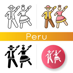 Marinera icons set. Peruvian traditional romantic couple dance. Man and woman dancers. Ethnic party. Hispanic culture. Linear, black and RGB color styles. Isolated vector illustrations