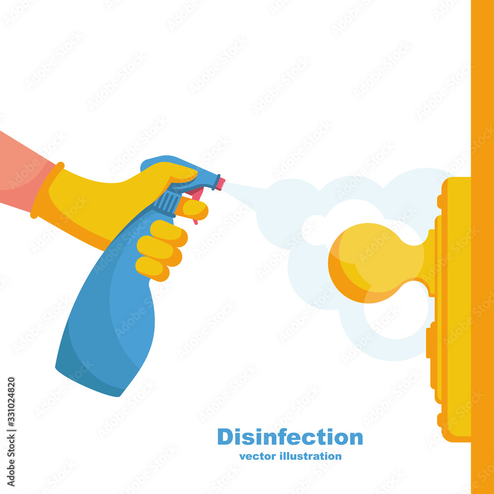 Close-up disinfection of door handles. Spraying disinfectant alcohol to the handle of a door. Vector illustration flat design. Prevention concept. Controlling the epidemic of coronavirus. - obrazy, fototapety, plakaty 