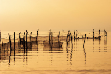 Canvas Print - Seascape view with birds and fishing nets at sea in morning lights