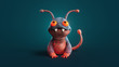 canvas print picture - 3d illustration of a cute little cartoon red lava monster sitting on dark turquoise background. Concept art character of smiling frog mutant. Alien creature. Funny dragon with big teeth and antennas