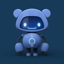 Little Cute Blue Robot With Bear Ears. Friendly Kawaii Bot With Glowing Smiling Face On The Screen. Lovely Robotic Toy. Concept Art Funny Personal Assistant Robot. 3d Illustration On Blue Background.