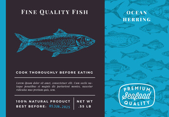 Wall Mural - Premium Quality Herring Abstract Vector Packaging Design or Label. Modern Typography and Hand Drawn Sketch Fish Pattern Background Seafood Layout