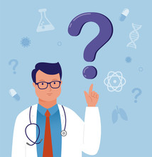Ask The Doctor. Doctor, Medical Professional Is Standing In Front A Question Mark. Simply Add The Text. Vector Illustration