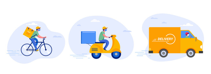 Wall Mural - Online delivery service concept, online order tracking, delivery home and office. Warehouse, truck, drone, scooter and bicycle courier, delivery man in respiratory mask. Vector illustration