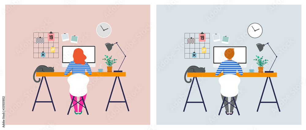 Working at home, coworking space, concept illustration. Young people, man and woman freelancers working on laptops and computers at home. People at home in quarantine. Vector flat style illustration - obrazy, fototapety, plakaty 
