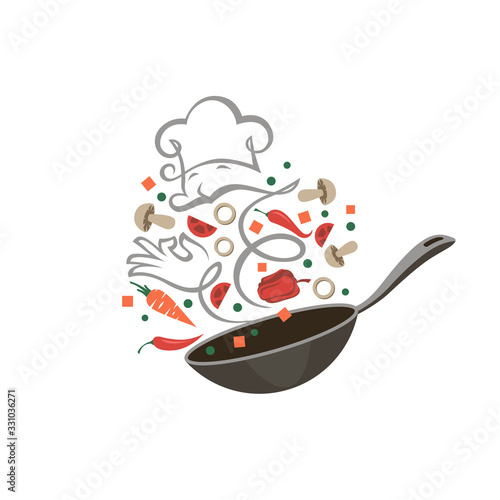 cooking process of vegetables on pan isolated on white background Poster Mural XXL