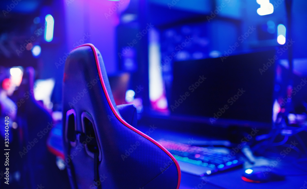 Professional place streamer video gamers room with computer. Cyber sport championship neon color lights - obrazy, fototapety, plakaty 