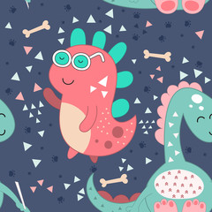 Wall Mural - Seamless pattern with hand drawn pink and mint dinosaurs on blue background. Vector Illustration. Kids illustration for nursery design. Cool Dino style trendy for baby clothes, wrapping paper.