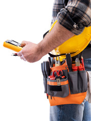 Wall Mural - Electrician with tool belt on a white background. Electricity.