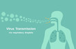 concept of virus transmission via respiratory droplets into human lung, vector flat illustration