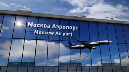 Wall Mural - Jet aircraft landing at Moscow, Russia 3D rendering animation. Arrival in the city with the glass airport terminal and reflection of the plane. Travel, business, tourism and transport concept.