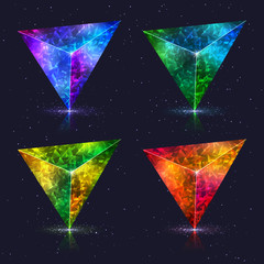 Wall Mural - Set of Abstract Stylized Realistic Design Elements 3D Crystals Triangles Isolated on Dark Background.