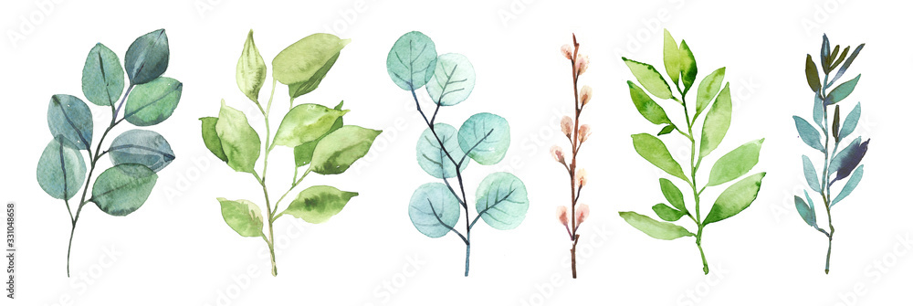Watercolor hand painted botanical spring leaves and branches illustration isolated on white background - obrazy, fototapety, plakaty 
