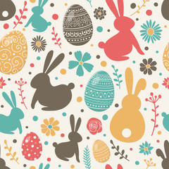 Easter pattern with decorative eggs, bunnies and flowers. Wallpaper or wrapping paper concept. Vector