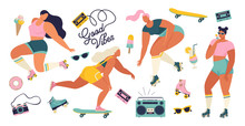 Roller Skating Girls With Record Player Dancing On The Street Illustration In Vector. Girl Power Concept Poster With Inspirational Text Quote Dance, Babe.