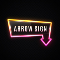 Wall Mural - 3d retro arrow sign on transparent background. neon vintage banner. bright vector illustration.