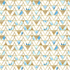 Watercolor hand painted abstract geometric triangle seamless pattern with golden elements - wrapping paper, wallpaper